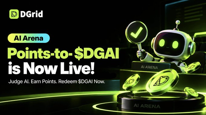 A promotional banner for DGrid's 'AI Arena' featuring a green robot holding a checkmark sign, with text announcing 'Points-to-$DGAI is Now Live! Judge AI. Earn Points. Redeem $DGAI Now.'