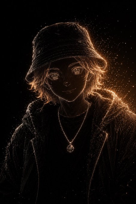 Stylized dark portrait of an anime-style character wearing a bucket hat, with glowing orange particle effects outlining the figure.