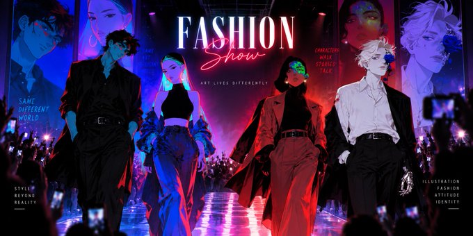 A stylized fashion show illustration titled 'FASHION Show' featuring four models walking a runway under pink and blue lights, with text reading 'ART LIVES DIFFERENTLY', 'SAME DIFFERENT WORLD', and 'ILLUSTRATION FASHION ATTITUDE IDENTITY'.