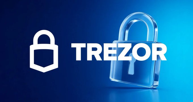 A promotional graphic for "TREZOR" featuring the company's padlock logo and a transparent glass padlock against a blue background.