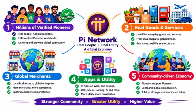 An infographic for Pi Network showing five sections: 'Millions of Verified Pioneers', 'Real Goods & Services', 'Global Merchants', 'Apps & Utility', and 'Community-driven Economy', with the tagline 'Stronger Community = Greater Utility = Higher Value'.