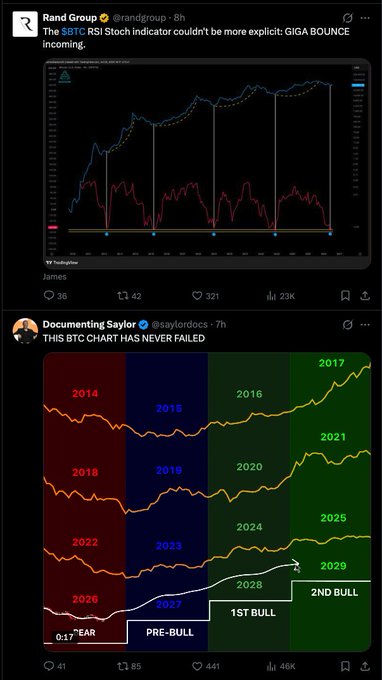 The image shows two Bitcoin charts: the top from @randgroup displays an RSI indicator with the caption "The $BTC RSI Stoch indicator couldn't be more explicit: GIGA BOUNCE incoming," showing historical bullish reversal signals, while the bottom from @saylordocs presents a multi-year Bitcoin price chart cycle template from 2014-2029, labeling phases like "7TH YEAR," "PRE-BULL," "1ST BULL," and "2ND BULL" to suggest an imminent major rally—together reinforcing the post's bullish narrative that whales, companies, and long-term holders are stacking Bitcoin ahead of a major breakout.