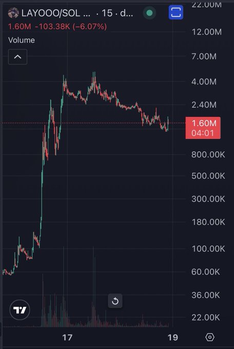 A TradingView chart displays LAYOOO/SOL with volume of 1.60M and price down -6.07% to 103.38K, showing a sharp upward spike followed by consolidation—aligning with the post's claim that the meme token has bottomed and warrants a strong bid.