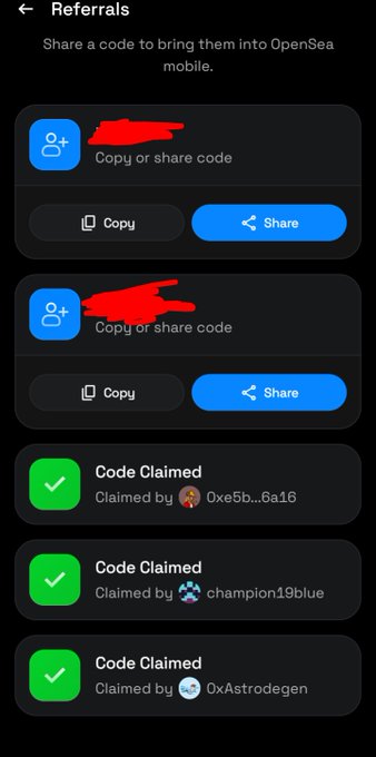 A mobile OpenSea 'Referrals' screen showing two redacted referral codes with Copy/Share buttons and three claimed codes: 0xe5b...6a16, champion19blue, and 0xAstrodegen.