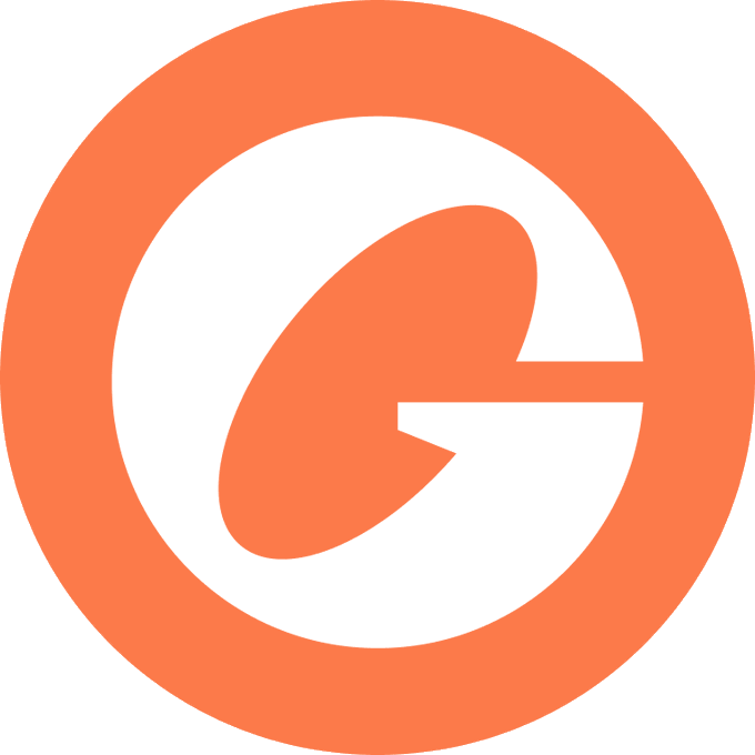 A simple logo featuring a lowercase white letter 'e' centered inside a coral-orange circle on a black background.