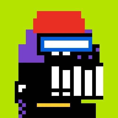 A pixel art character with a red hat, purple body, and visor on a green background.