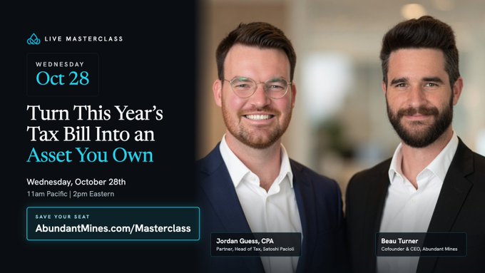 A promotional graphic for a 'Live Masterclass' titled 'Turn This Year's Tax Bill Into an Asset You Own' on Wednesday, October 28th, featuring Jordan Guess, CPA and Beau Turner from Abundant Mines.