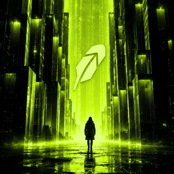 A digital artwork depicts a silhouetted figure standing before a glowing green geometric logo in a futuristic, dark cityscape illuminated by neon green light.
