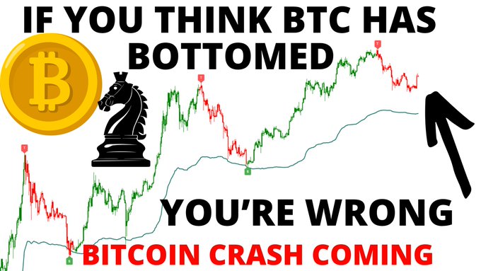 A YouTube thumbnail featuring a Bitcoin logo, chess knight piece, and candlestick price chart, with bold text declaring "IF YOU THINK BTC HAS BOTTOMED YOU'RE WRONG - BITCOIN CRASH COMING," visually reinforcing the video's bearish prediction for BTC over the next 3-5 months.