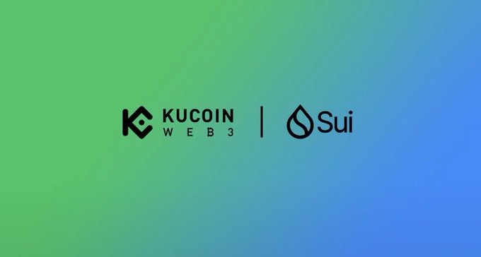 A graphic with a green-to-blue gradient background displaying the logos for KuCoin Web3 and Sui, separated by a vertical line.