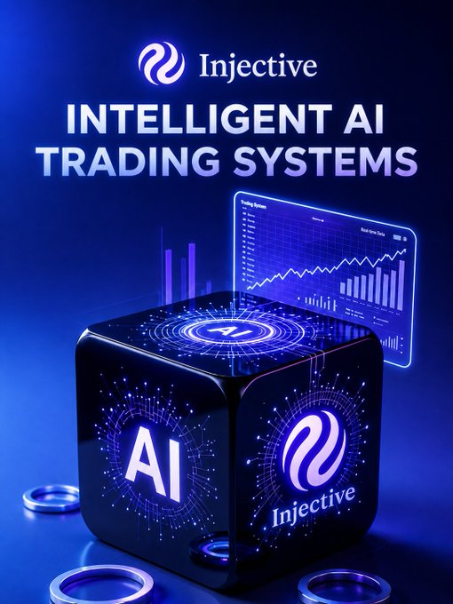 A promotional graphic for 'Injective' featuring their logo and 'INTELLIGENT AI TRADING SYSTEMS' text, displaying a 3D cube with 'AI' and a trading chart interface.