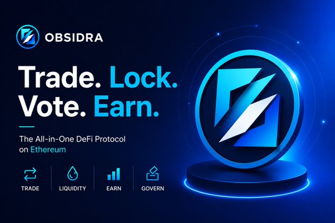Promotional graphic for 'OBSIDRA,' an All-in-One DeFi Protocol on Ethereum with the tagline 'Trade. Lock. Vote. Earn.' and icons for Trade, Liquidity, Earn, and Govern.