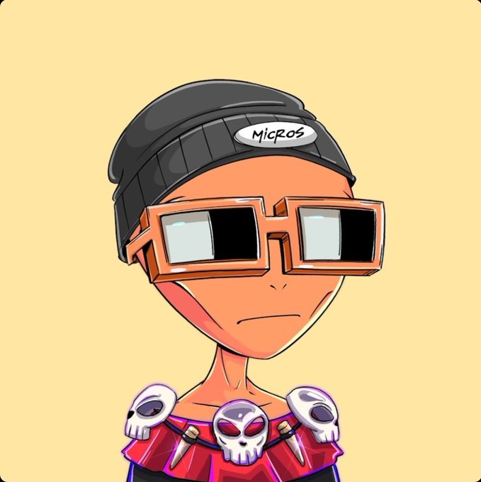 A digital illustration depicts a character with orange skin wearing a black beanie labeled 'Micros,' pixelated sunglasses, and a red shirt adorned with silver skull emblems.