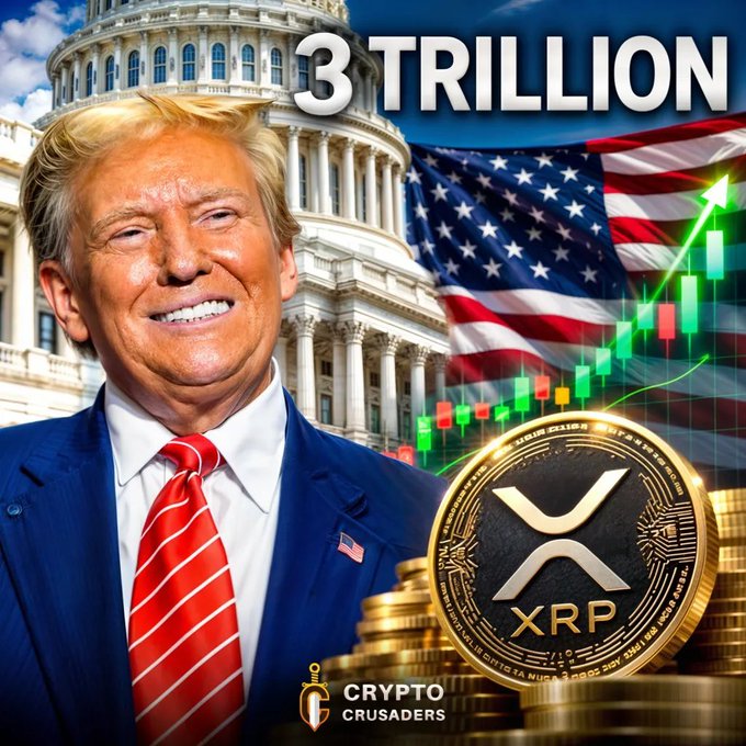 A promotional graphic featuring Donald Trump smiling in a suit and red tie, alongside text reading "3 TRILLION," an American flag, a rising stock chart, and an XRP cryptocurrency coin with "CRYPTO CRUSADERS" branding at the bottom.