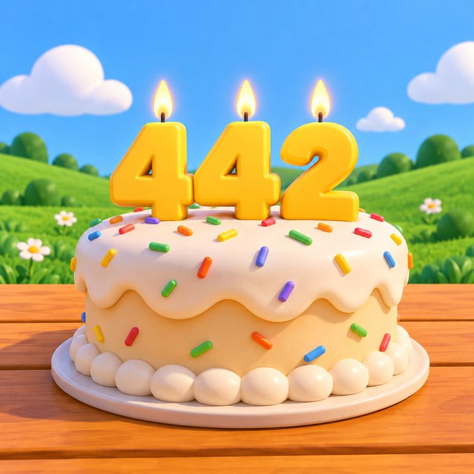 A 3D-rendered birthday cake with cream frosting, rainbow sprinkles, and three lit candles, featuring large yellow number candles that spell out '442' on a wooden table in a grassy field.