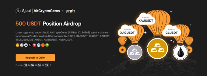 A promotional banner for a Bybit $500 USDT position airdrop via Sjuul | AltCryptoGems (Affiliate ID: 34563), featuring hot air balloons carrying gold bars and SUI coin icons labeled XAU/USDT, XAG/USDT, and CL/USDT, with a countdown timer showing 21 days, 10 hours, 1 minute, and 24 seconds remaining and an orange "Register to Claim" button.