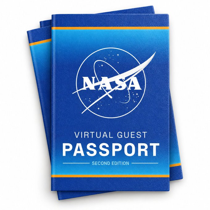 An image of a blue booklet resembling a passport with a NASA logo, titled 'VIRTUAL GUEST PASSPORT SECOND EDITION'.
