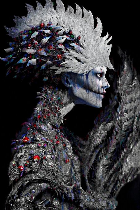 A highly detailed fantasy character portrait depicts a figure with blue skin, white feathered hair, and dark feathers, adorned with red jewels and metallic armor against a black background.