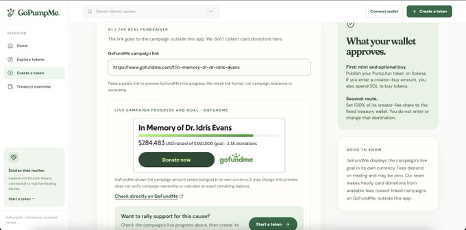A GoFundMe dashboard displaying a fundraising campaign link for 'In Memory of Dr. Idris Evans' with a fundraising goal of $360,000 and a 'Donate now' button.