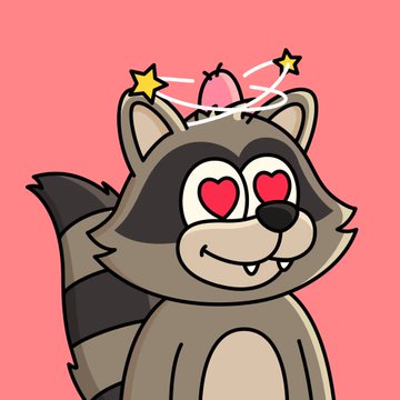 A cartoon raccoon character with a black mask, gray fur, and heart-shaped red eyes smiles against a pink background, with stars orbiting a small pink brain-like object above its head.