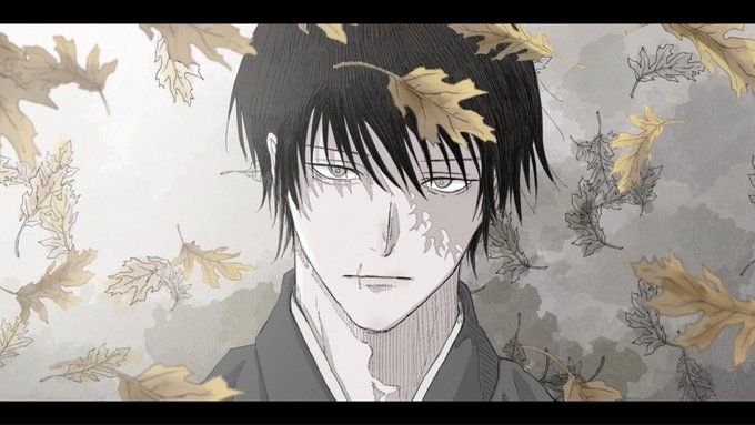 An anime-style illustration shows a dark-haired young man with an intense, contemplative gaze, surrounded by floating yellow autumn leaves. The serene yet moody imagery evokes a sense of quiet reflection, fitting the post's message of embracing new beginnings and steady progress on a Wednesday.