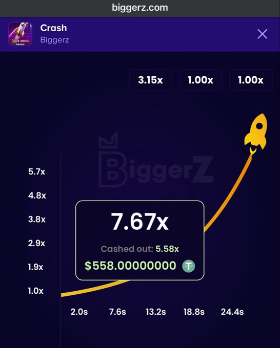 Screenshot from biggerz.com showing a Crash game with a rocket rising, displaying "7.67x" and "Cashed out 5.58x" for $558.00.