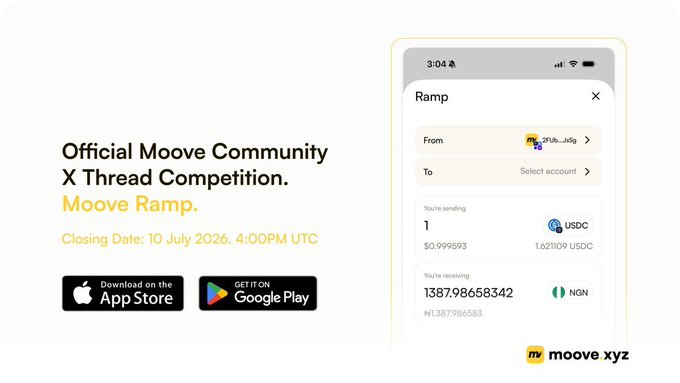 A promotional image for 'Moove Ramp,' an Official Moove Community X Thread Competition closing 10 July 2026, 4:00PM UTC, showing a phone app interface converting USDC to NGN, with App Store and Google Play download links.