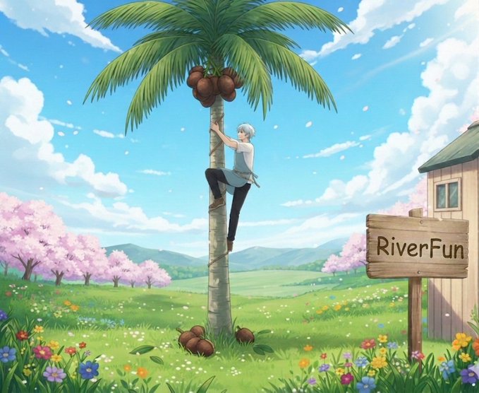 An anime-style illustration of a person climbing a palm tree to harvest coconuts, with a wooden sign reading "RiverFun" nearby in a field of pink-blossomed trees and flowers.
