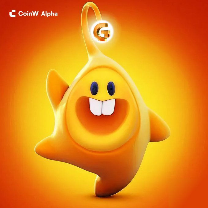 A 3D-rendered yellow star-shaped mascot with a cheerful smile and two front teeth hangs from a hook marked with a "C" logo, branded "CoinW Alpha" in the top-left corner against an orange background.