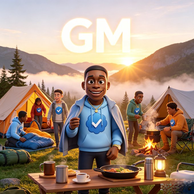A 3D animated illustration of a smiling cartoon character wearing a blue hoodie with a checkmark logo at a campsite, with 'GM' (Good Morning) displayed prominently in the sky.