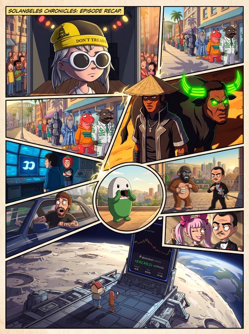 The image is a colorful "Solangeles Chronicles: Episode Recap" comic page featuring various crypto-inspired characters, including a "Don't Tread" hat-wearing woman, a green-glowing villain, and a central egg character with a green hoodie, culminating in a scene showing a stock chart and Earth from space. The accompanying post "living the solana summer with our new episode tonight" connects to the image by promoting a new episode of the Solangeles Chronicles, a Solana-themed webcomic series, tying in with the summer release timing.