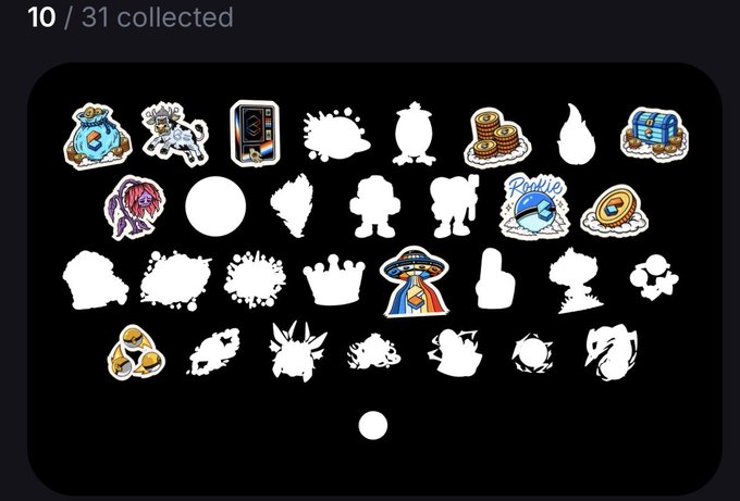 A collection screen displays "10 / 31 collected" at the top, showing 31 NFT slots arranged in a grid where most appear as white silhouettes while a few, including a blue potion bag, a character figurine, a "Rookie" ball, a treasure chest, and a colorful wizard figure, are fully colored and revealed. The image visualizes the collection progress for the Collector Crypt NFT project on Solana mentioned in the post.