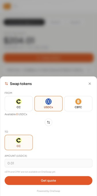 The image displays a "Swap tokens" interface powered by OneSwap, showing a token exchange feature where users can swap USDCx to CC (CanPay token), with an input amount of 0.01 USDCx and a "Get quote" button. The interface highlights OneSwap's integration with CanPay, demonstrating the new token swapping capability referenced in the post, though a note indicates cETH and CPay are not yet available on OneSwap.