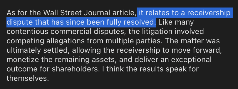 The image shows a highlighted text excerpt from an article stating, "it relates to a receievership dispute that has since been fully resolved," followed by a statement from Braziel claiming that "the matter was ultimately settled, allowing the receivership to move forward, monetize the remaining assets, and deliver an exceptional outcome for shareholders." The post criticizes Braziel, a lawyer pursuing legal action against Coinkite, for allegedly misleading COLDCARD victims about the outcome of the receivership dispute referenced in the highlighted Wall Street Journal article.