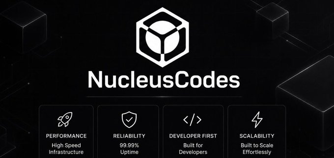 A promotional banner for 'NucleusCodes' highlighting four key features: Performance (High Speed Infrastructure), Reliability (99.99% Uptime), Developer First (Built for Developers), and Scalability (Built to Scale Effortlessly).