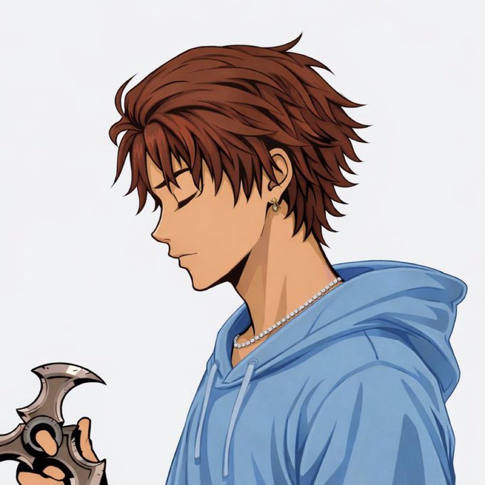 An anime-style drawing shows a young man with brown hair and eyes closed, wearing a blue hoodie and a pearl necklace, holding a shuriken-like object. The image depicts someone winding down, perfectly complementing the "Good night GANG" post.