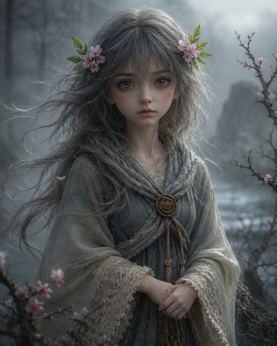 A digital illustration of a pale, ethereal young girl with long flowing gray hair adorned with pink flowers, wearing a tattered robe and standing among bare, flowering branches in a misty landscape.