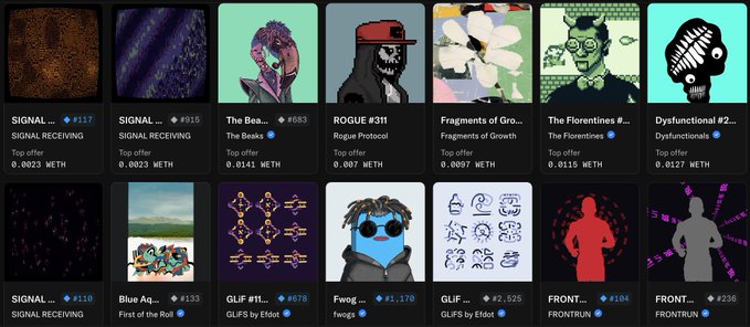 The image displays a screenshot of 14 NFT art pieces from various collections including SIGNAL, The Beaks, ROGUE #311, Fragments of Growth, The Florentines, Dysfunctional #2, Blue Ag…, GLIF #11, FwoG, GLIFS, and FRONTRUN, each showing their top offer prices in ETH (ranging from 0.0023 to 0.0823). The collage directly addresses the user's question by showcasing a diverse NFT art collection without additional utility features, highlighting that the portfolio consists purely of digital artwork.