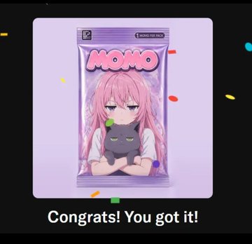 A digital collectible card featuring an anime-style pink-haired character labeled 'MOMO' with the text 'Congrats! You got it!' below it.