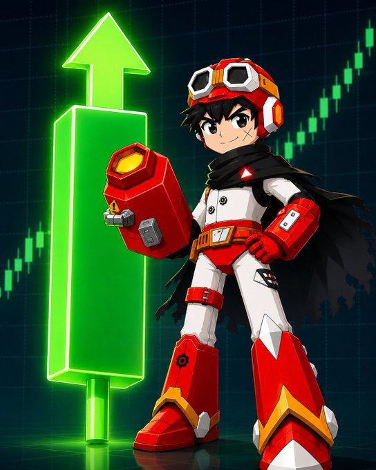 A young anime figure with goggles and red mechanical armor holds a large red cannon while standing confidently next to a glowing green upward arrow, symbolizing a bullish crypto surge that aligns with the post's celebratory tone about today's market pump.