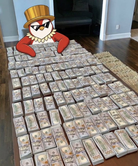 The image shows stacks of $100 bills arranged in neat rows on a wooden floor, with a cartoon penguin mascot (resembling the popular "Chad" meme) wearing a gold top hat and sunglasses posed as if showing off the cash. The accompanying post congratulates @R00T_eth on a big win, with the stacks of money serving as a visual flex of the subscriber's successful gains.