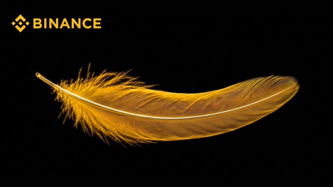 A golden feather is displayed against a black background with the "BINANCE" logo in the top-left corner, evoking the term "Lite" as a light, airy visual metaphor that suggests an upcoming lightweight or streamlined product announcement.
