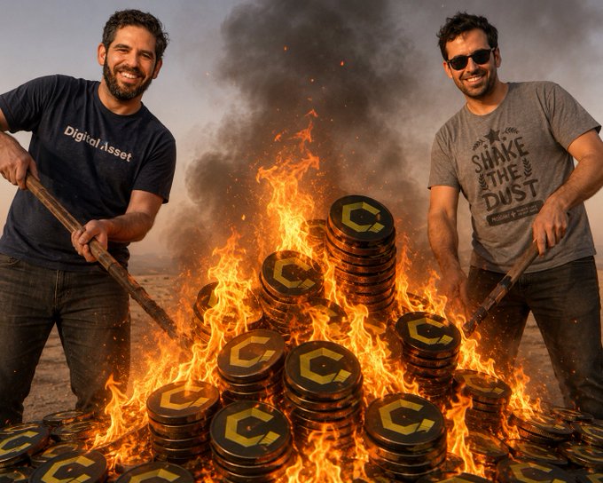 Two smiling men stand on either side of a large bonfire burning stacks of gold 'C' coins; the man on the left wears a 'Digital Asset' t-shirt while the man on the right wears a 'SHAKE THE DUST' shirt and sunglasses.