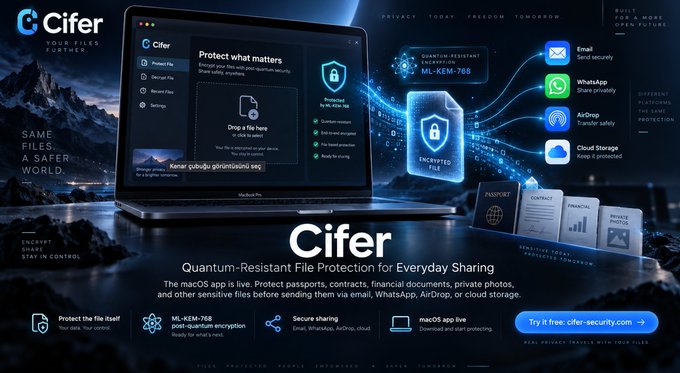 Promotional banner for "Cifer" showcasing its macOS app, featuring the tagline "Protect what matters," "Quantum-Resistant Protection for Everyday Sharing," and "ML-KEM-768" encryption, alongside icons for Email, WhatsApp, AirDrop, and Cloud Storage protection. The image visually supports the post by highlighting Cifer's quantum-resistant security ecosystem and the newly launched Apple macOS app designed to safeguard sensitive files like passports and contracts.