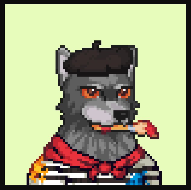 A pixel art illustration of a wolf wearing a beret and red scarf, holding a paintbrush in its mouth against a pale green background.
