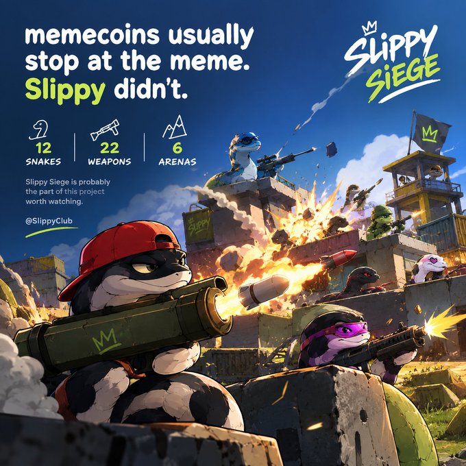 Promotional art for 'Slippy Siege' featuring cartoon snakes with weapons in a battle scene, with text reading 'memecoins usually stop at the meme. Slippy didn't.', '12 SNAKES', '22 WEAPONS', '6 ARENAS', and '@Slippyclub'.