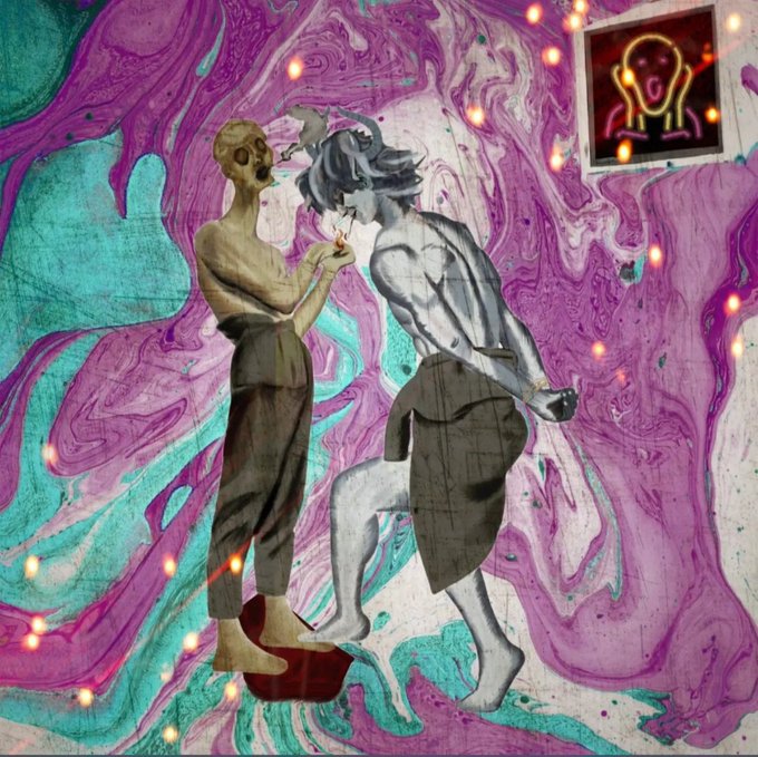 A surreal digital collage artwork featuring two stylized figures embracing against a swirling marbled background of teal and magenta, with a neon-lit screaming face portrait hanging on the wall.