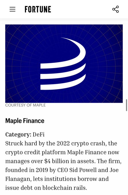 The image shows a phone screen with a Fortune magazine logo at the top of the page, along with a description of the article "Maple Finance" by the Fortune magazine. The text indicates that the article is about Maple Finance, which is an online credit platform. The content also mentions that the Fortune magazine has chosen Maple Finance as one of their 30 most innovative crypto startups in 2021.