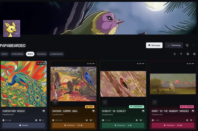 A profile page for 'PAPABEARDED' showing bird-themed digital collectibles on a dark background with a moonlit night banner; featured items include 'SUNFEATHER MOSAIC,' 'SEASONS SUMMER 2026' (RARE), 'SCARLET IN SCARLET' (LEGENDARY), and 'EGRET IN THE NEWBURY MARSHES.'