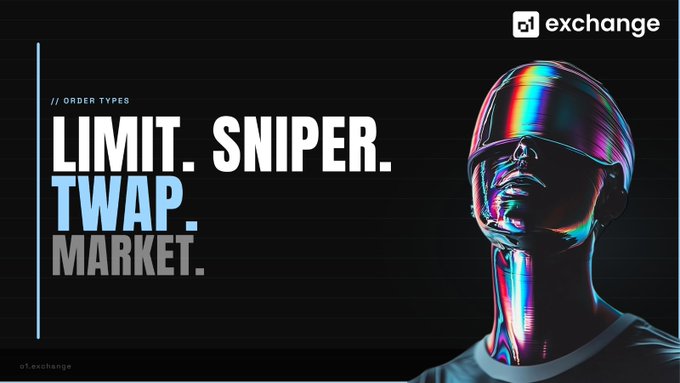 The image features a person wearing a blindfold, with their face obscured by a headband or mask. The background of the image is black, which contrasts with the colorful elements within the frame. In the center of the image, there are three words written in white text that read "limit, sniper, twap, market." These words appear to be part of an advertisement for a cryptocurrency exchange called "exchange."